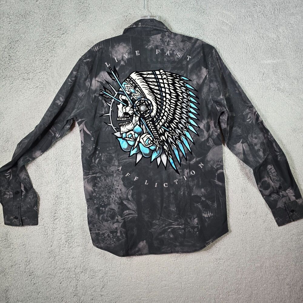 NWT Affliction Men's Gray Indian Chief Skull Floral L/S Button Up Shirt Size S